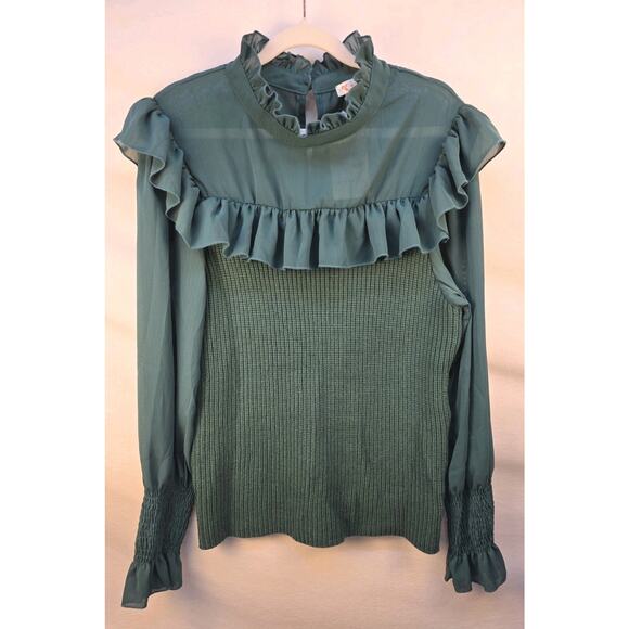 kirundo Sweaters - Kirundo Women's extra Large Sweater NWT Green Sheer High Collar Ruffle Preppy